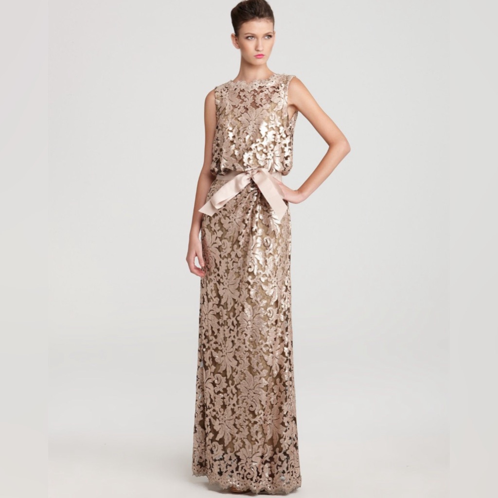 Tadashi Shoji Champagne Sequin Lace Gown With Bow